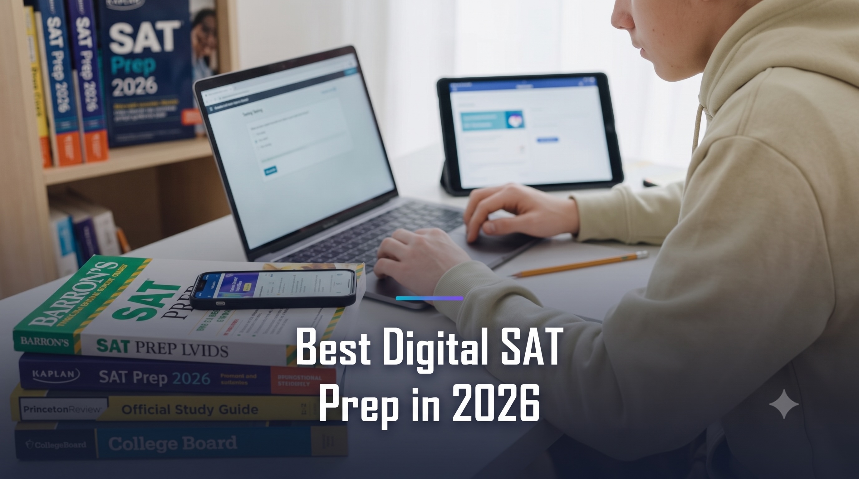 Best Digital SAT Prep in 2026 — a student practicing on a laptop and tablet beside stacked SAT prep books