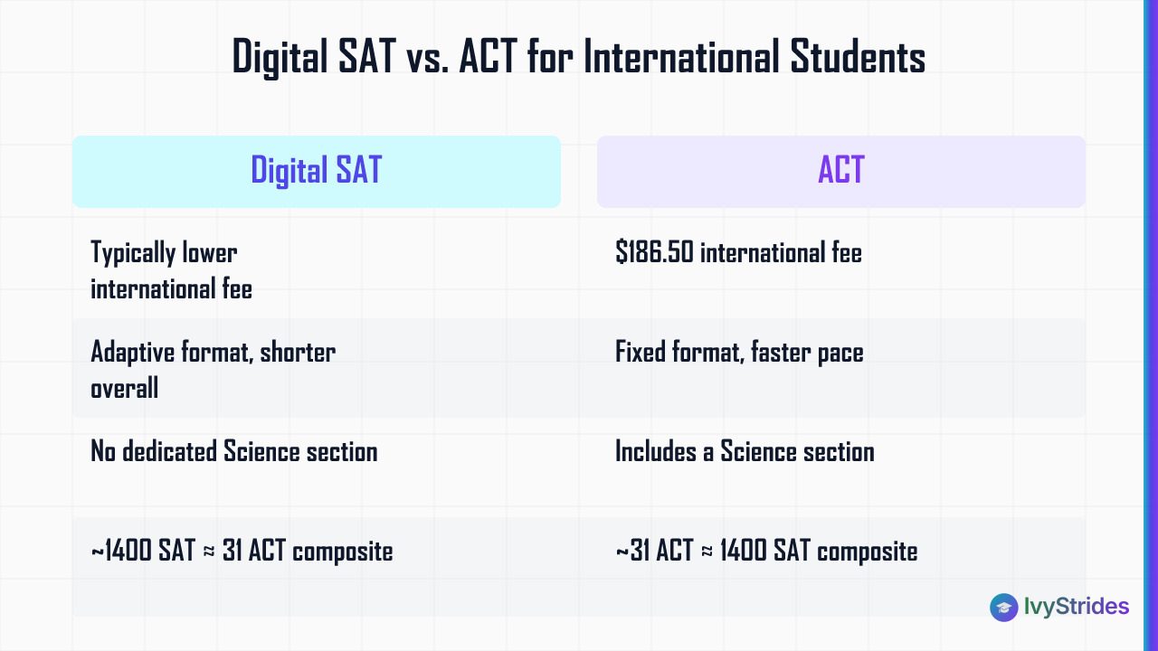 Comparison table of Digital SAT vs ACT costs and format differences for international students in 2026