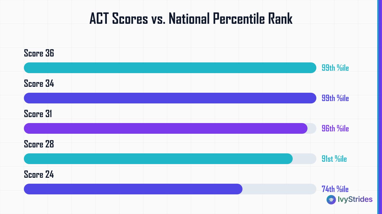 Horizontal bar chart showing ACT composite scores from 20 to 36 mapped to national percentile ranks from 49th to 99th.