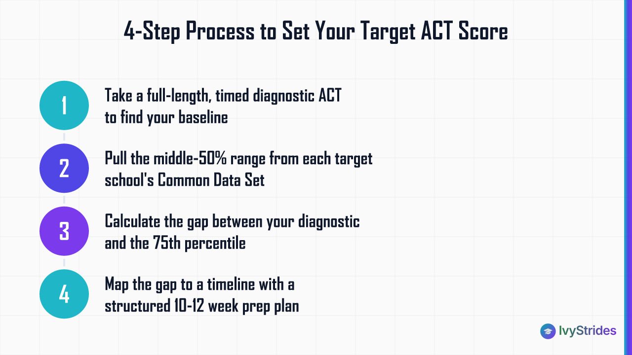 Four-step ACT prep planning process: diagnostic, research school ranges, calculate score gap, build a timeline
