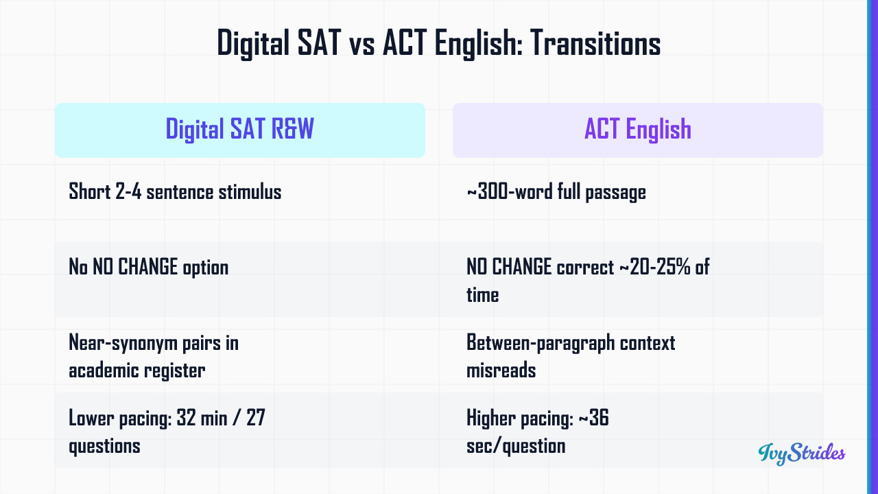 Comparison table of Digital SAT R&W vs ACT English transitions questions covering format, NO CHANGE option, traps, pacing, an