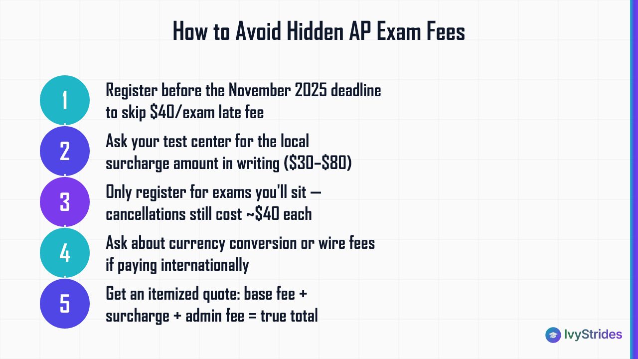 5-step process for international students to avoid hidden AP exam fees including late fees and surcharges