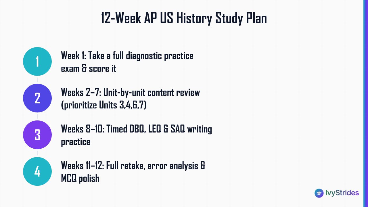 4-step 12-week AP US History study plan: diagnostic, content review, timed writing, and final retake with error analysis