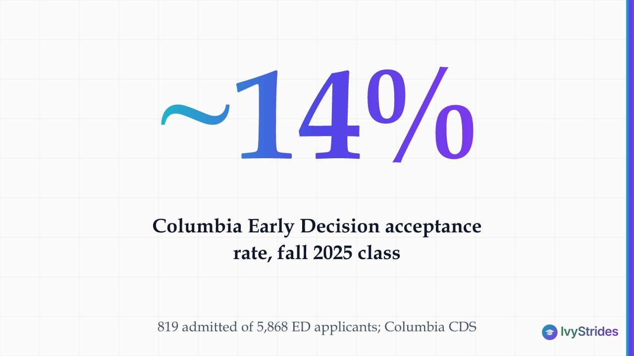 Stat callout showing Columbia's Early Decision acceptance rate of approximately 14% for the fall 2025 entering class
