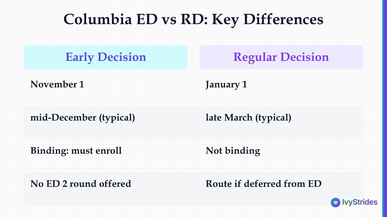 Comparison table of Columbia Early Decision vs Regular Decision showing deadlines, decision dates, and binding rules