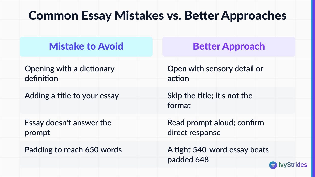 Comparison table of 5 common college essay structural mistakes versus the better approach for each in 2026