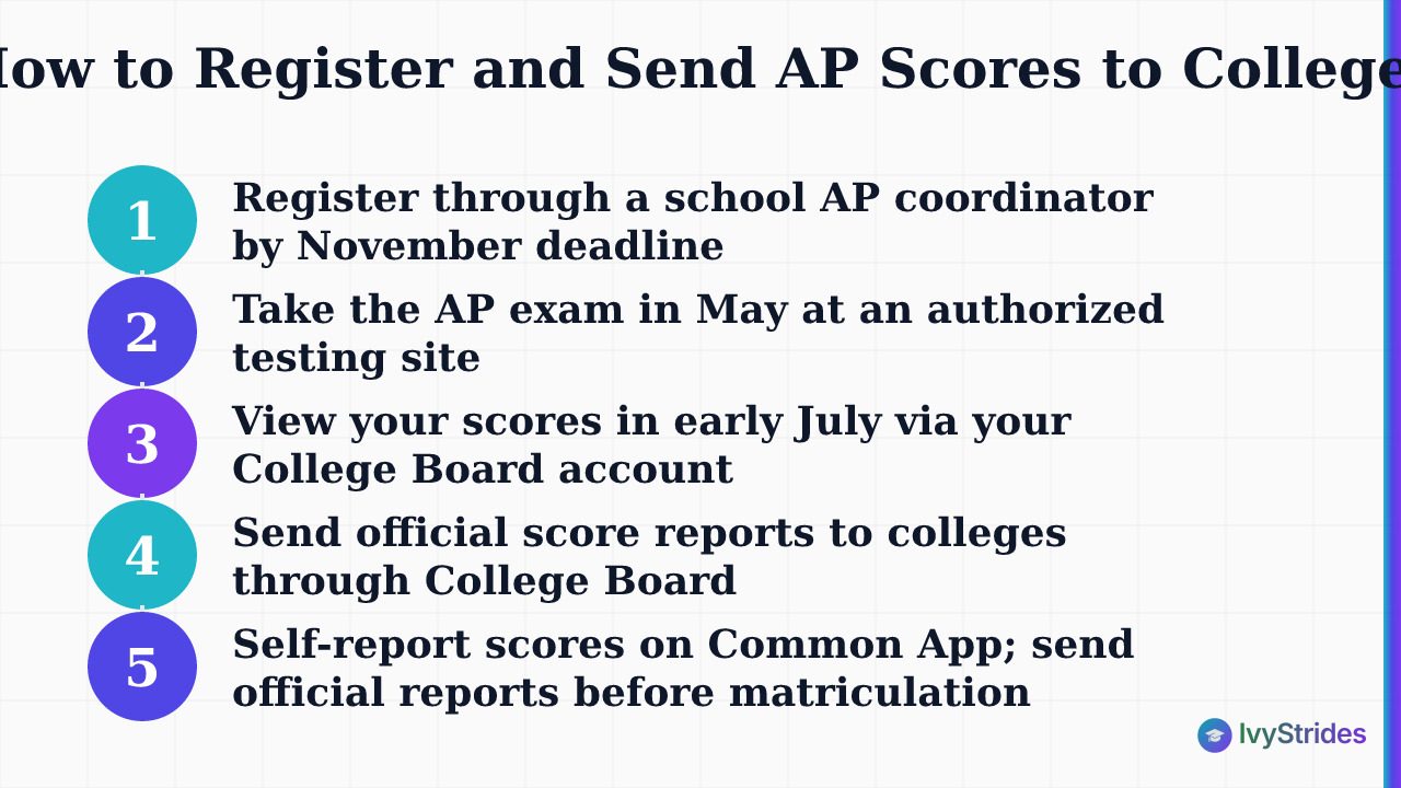 5-step process for registering for AP exams and sending official scores to colleges via College Board