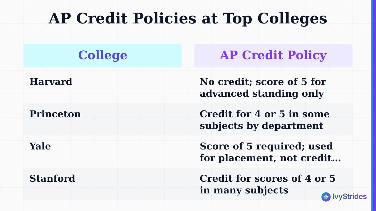 Comparison table of AP credit policies at Harvard, Princeton, Yale, Stanford, and MIT showing score thresholds and credit rul