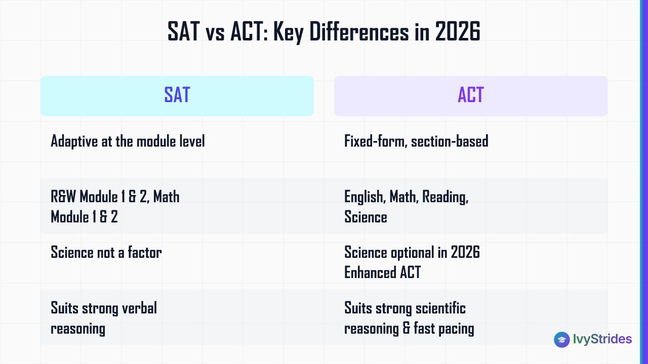 Comparison table of SAT vs ACT differences in 2026 including format, sections, and ideal student strengths