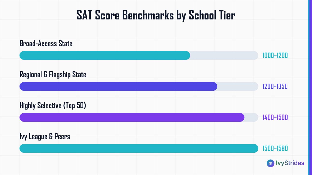 Horizontal bar chart showing competitive SAT score ranges by college tier from broad-access schools to Ivy League in 2026.