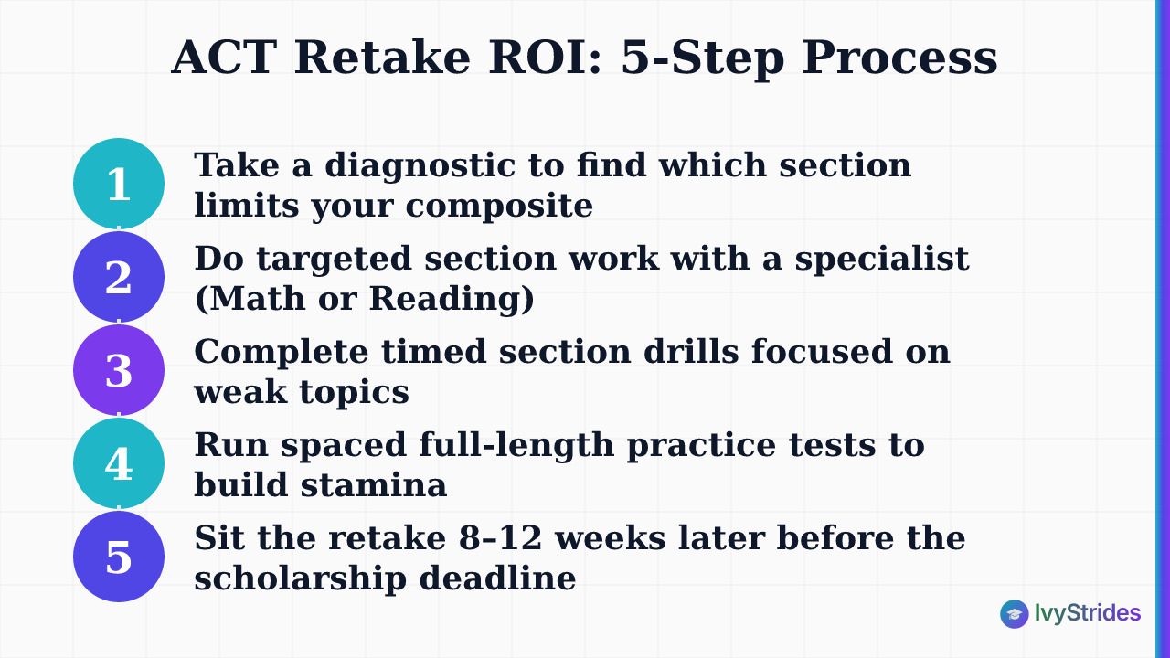5-step ACT retake process to maximize merit scholarship ROI through diagnostic-led, section-specialist prep