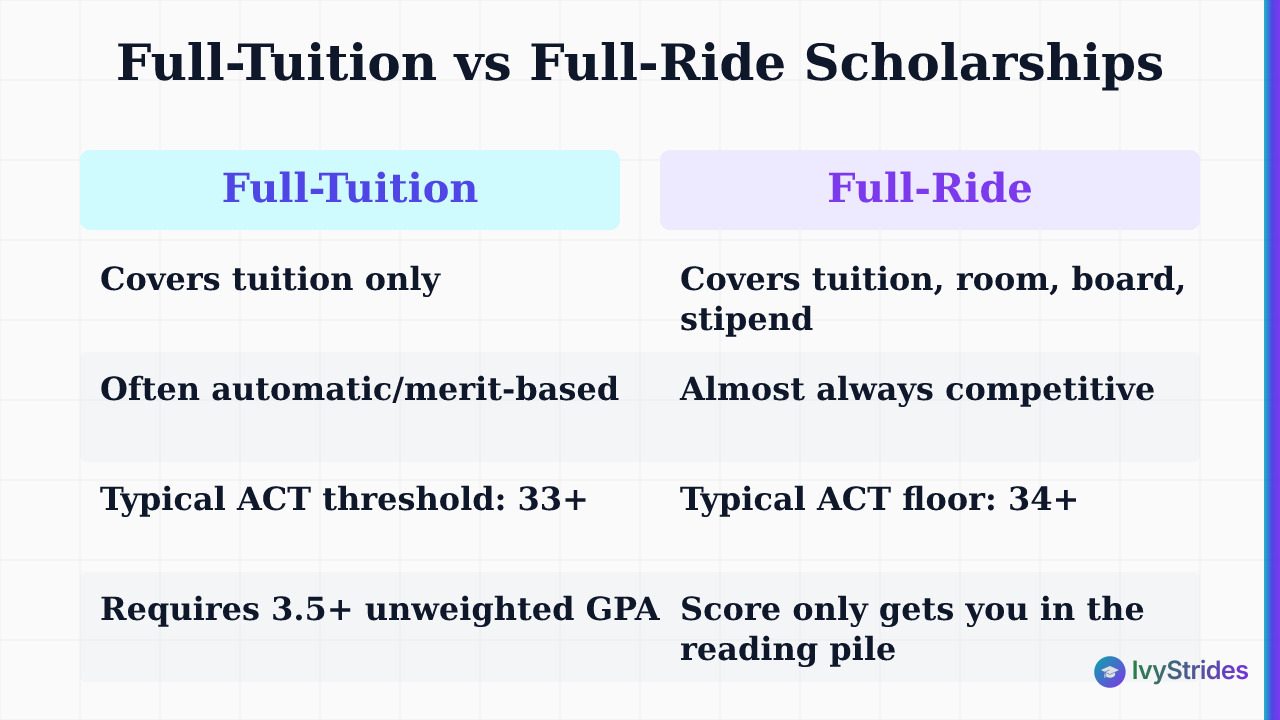 Comparison table showing differences between full-tuition and full-ride scholarships including ACT score thresholds and award
