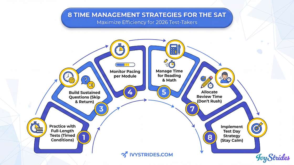Infographic showing 8 time management strategies for the SAT.