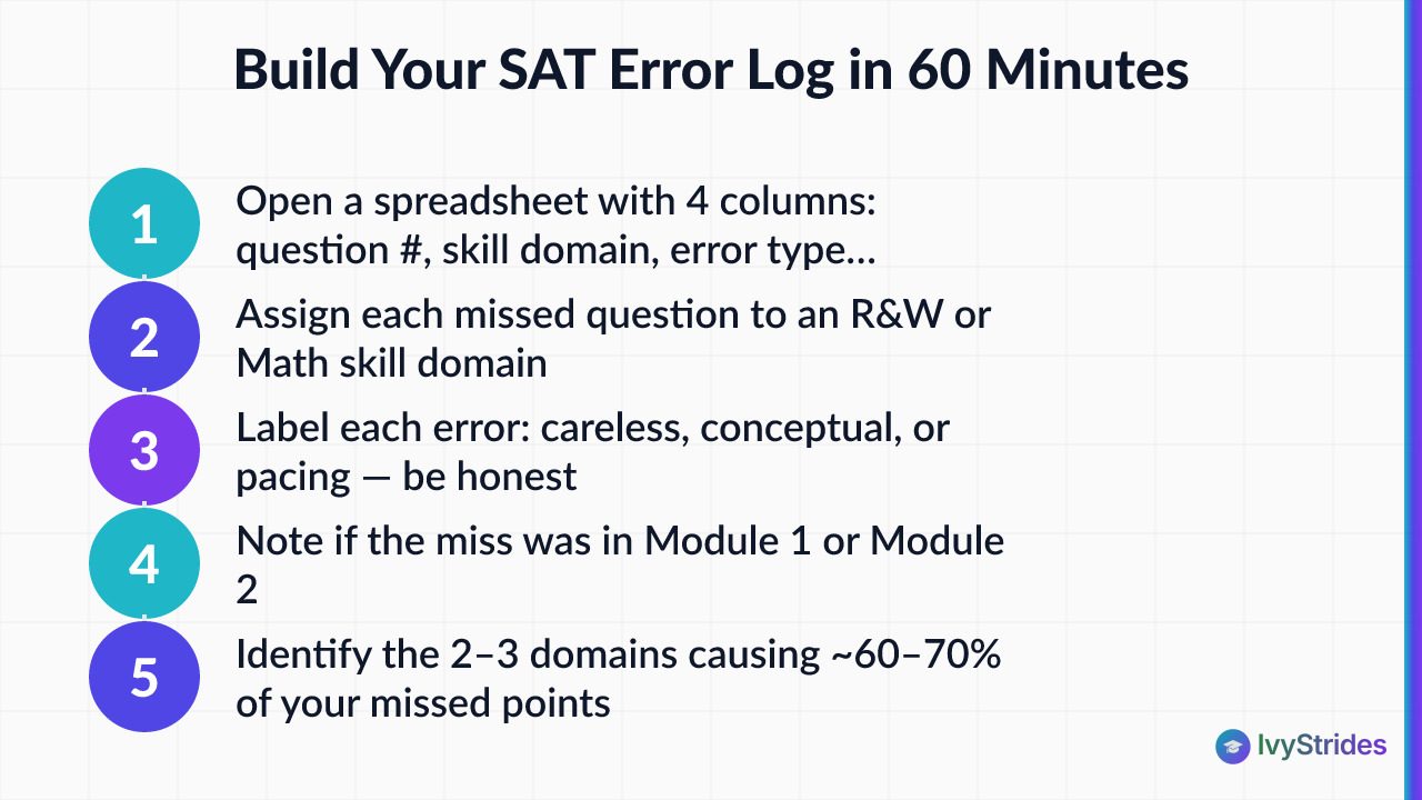 5-step process for building an SAT error log to identify top skill gaps causing score plateau