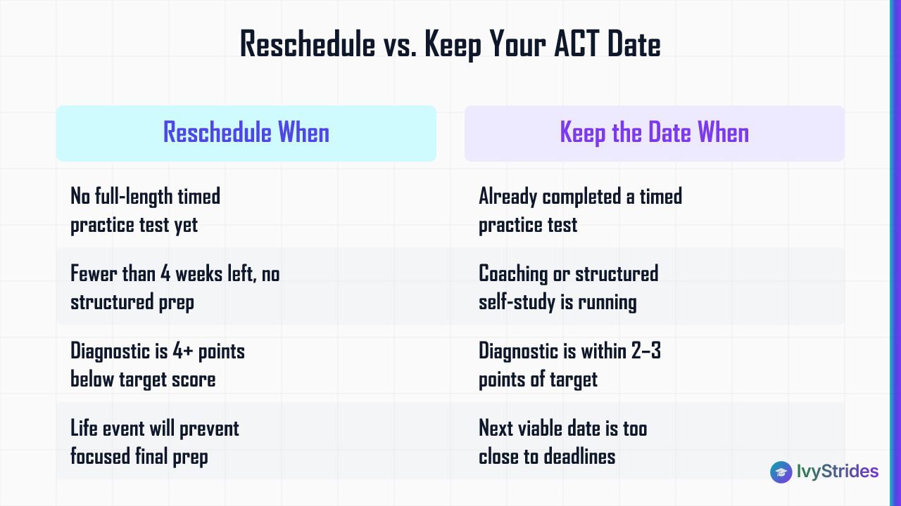 Comparison table showing when to reschedule vs. keep your ACT test date based on prep readiness and score gap