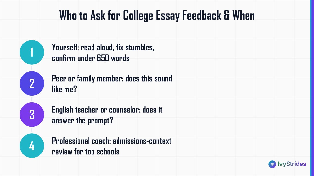 4-step numbered diagram showing the correct order to get college essay feedback in 2026