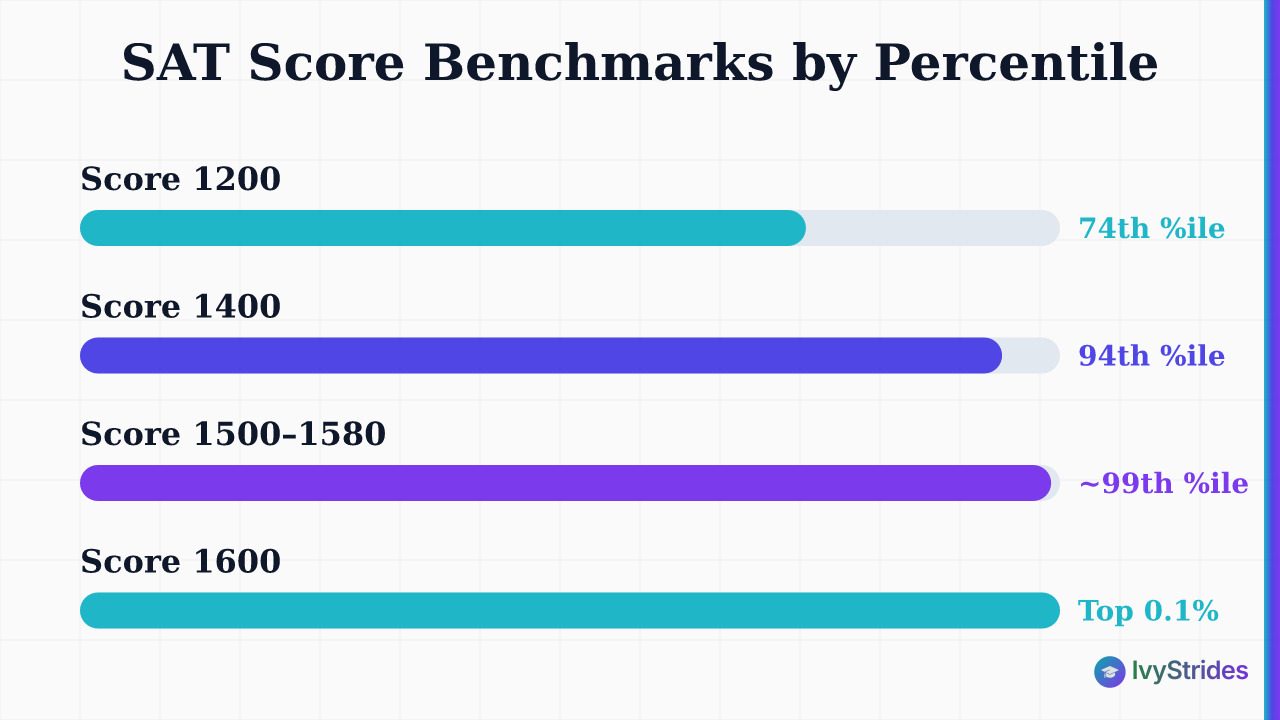 Horizontal bar chart showing SAT score benchmarks from 1200 to 1600 mapped to College Board percentile rankings