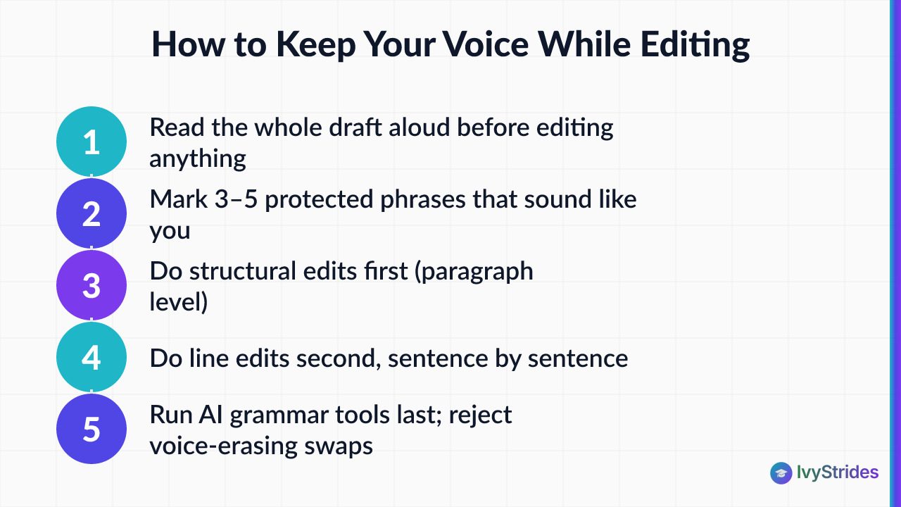6-step diagram showing how to preserve your writing voice during editing, from read-aloud to AI grammar tools