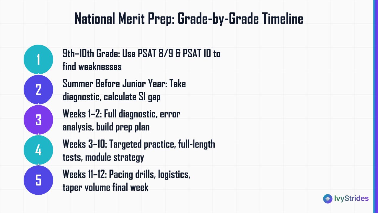5-step National Merit prep timeline from 9th grade through junior year October PSAT, showing key actions per phase