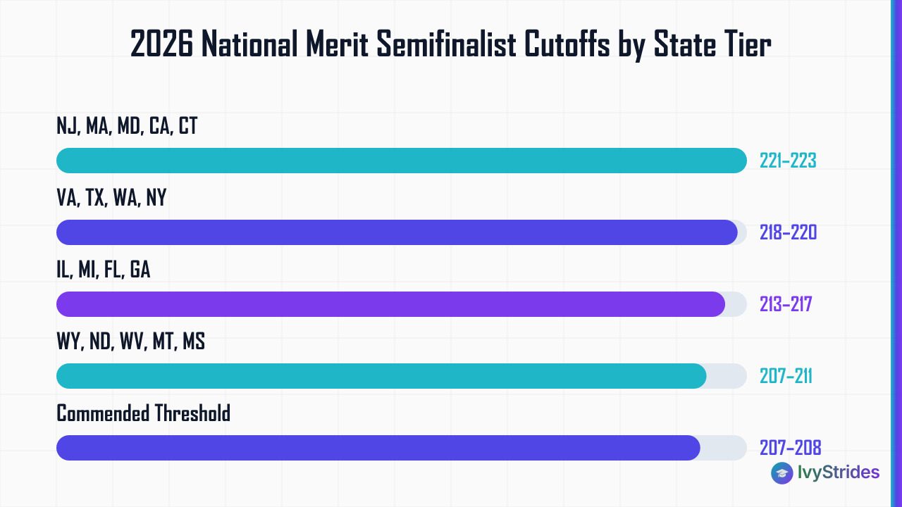 Horizontal bar chart showing 2026 National Merit Semifinalist cutoff score ranges by state competitiveness tier, from 207 to