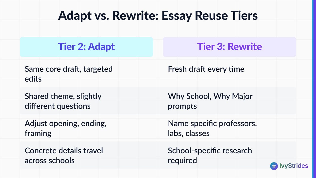 Comparison table contrasting Tier 2 Adapt vs Tier 3 Rewrite essay strategies across five key dimensions