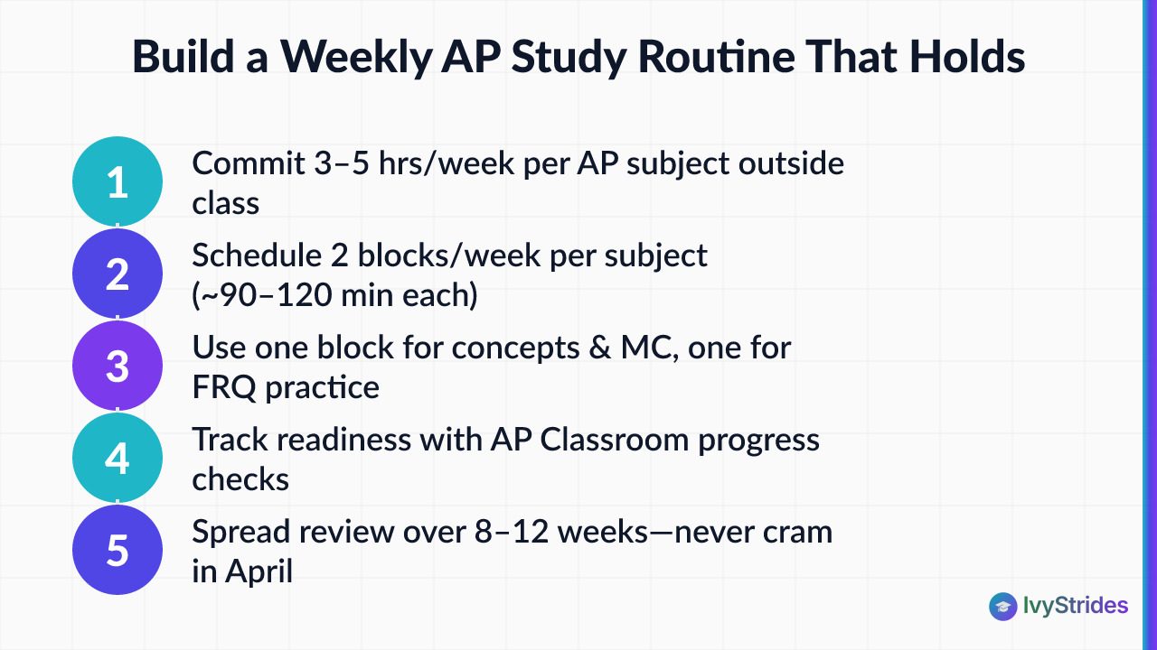5-step weekly AP study routine: set hours, schedule blocks, split concept and FRQ work, track progress, and space review