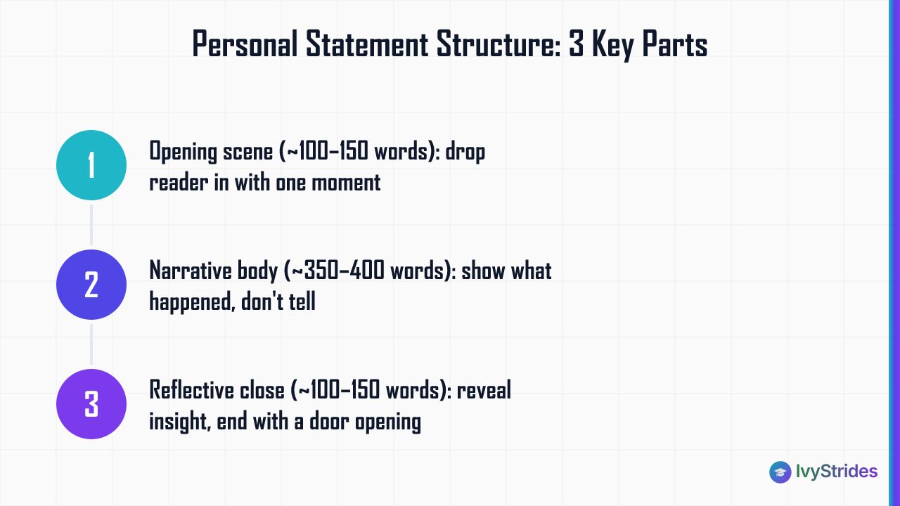 Numbered diagram showing the 3-part personal statement structure: opening scene, narrative body, and reflective close