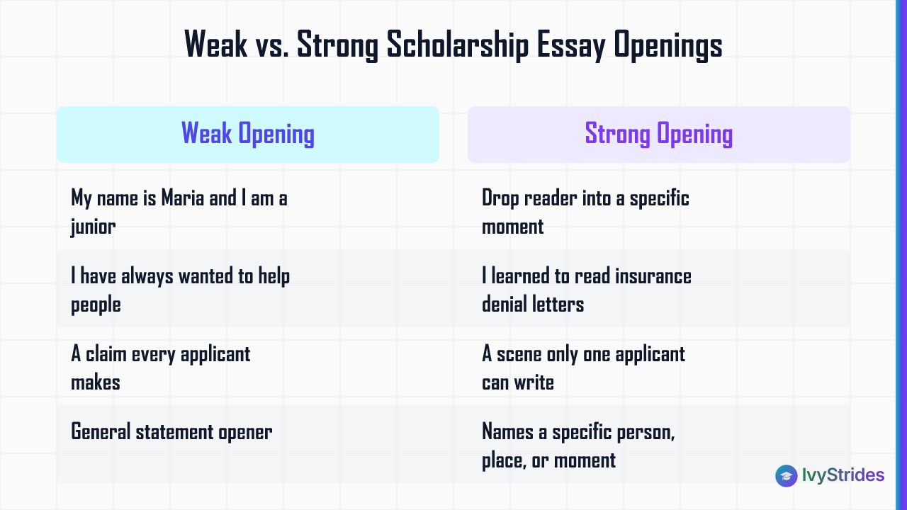 Comparison table showing weak vs strong scholarship essay opening hooks with examples from the section