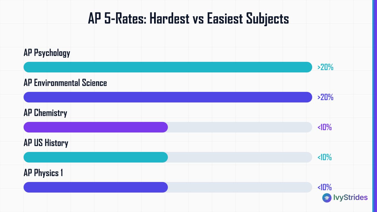 Bar chart comparing AP exam 5-rates: Psychology and Environmental Science above 20%, Physics 1, Chemistry, and US History bel