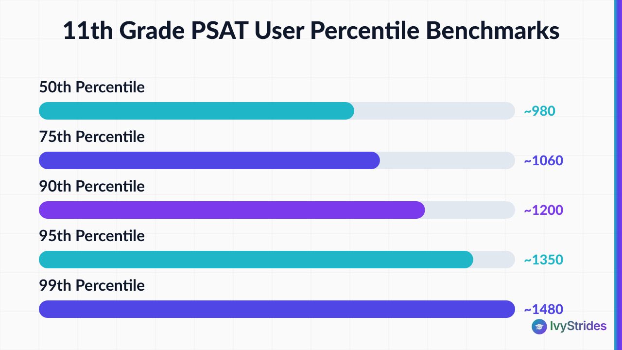 Horizontal bar chart showing 11th grade PSAT user percentile score benchmarks from 50th to 99th percentile in 2026