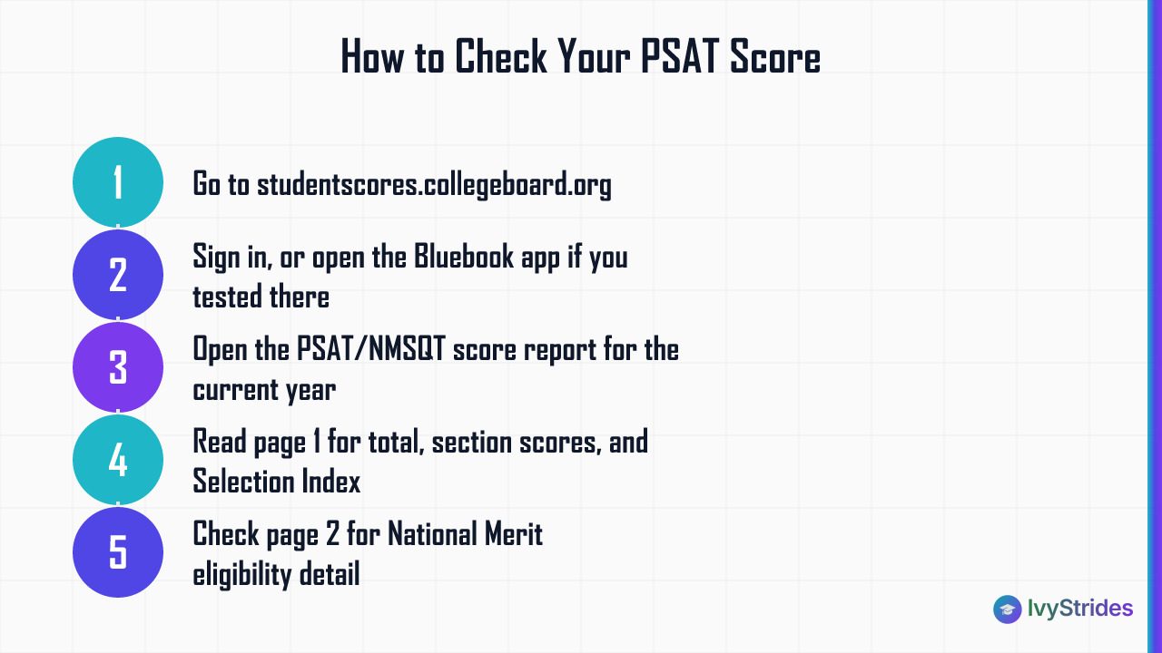 4-step diagram showing how to access and read your PSAT score report on College Board's student portal