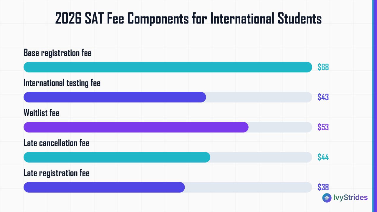Horizontal bar chart comparing 2026 SAT fee components for international students, from $38 late registration to $68 base fee