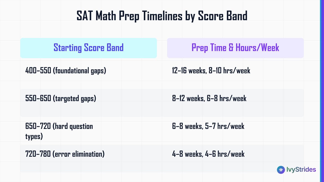 Comparison table of SAT Math prep timelines showing weeks and weekly hours needed for each starting score band from 400 to 80