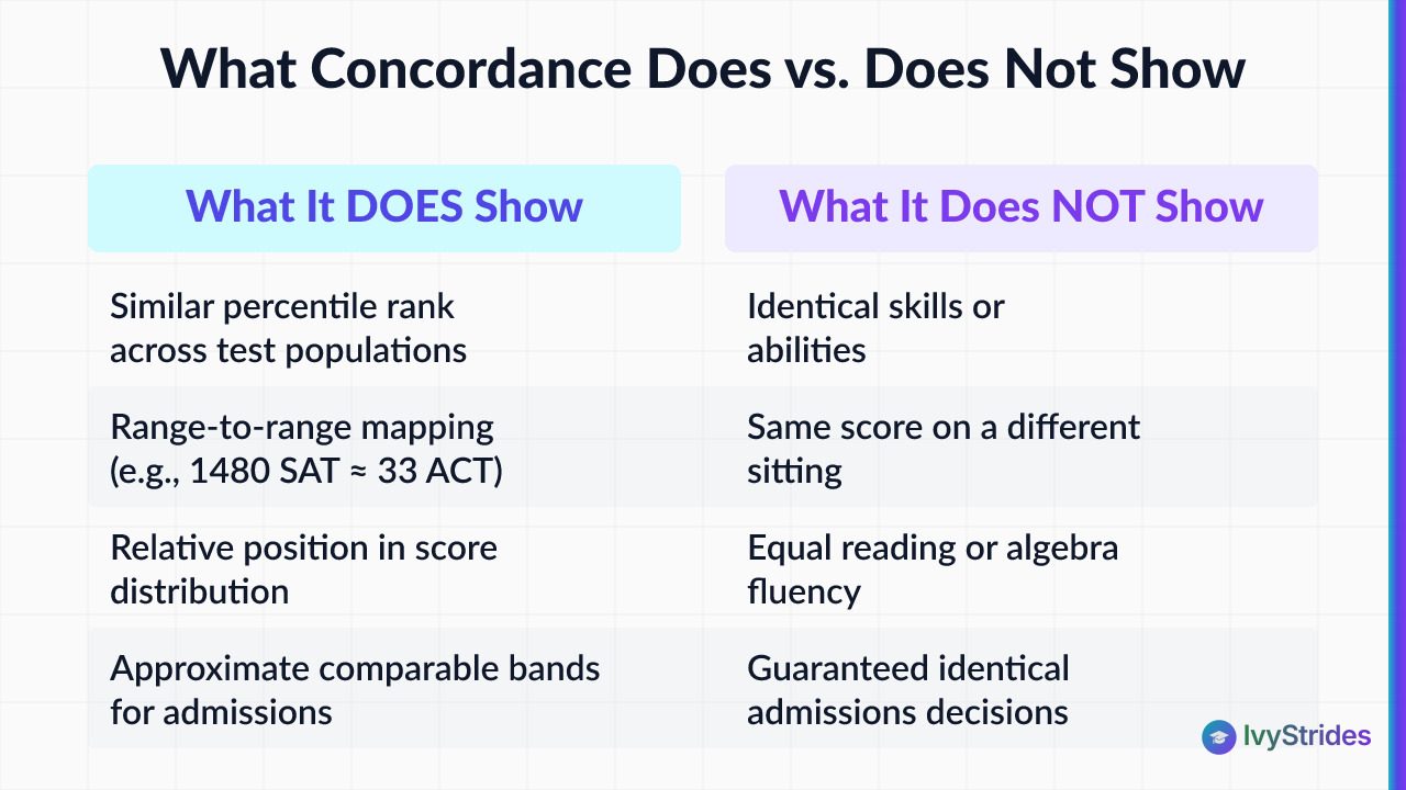 Comparison table showing what SAT to ACT concordance does and does not indicate for students and admissions in 2026
