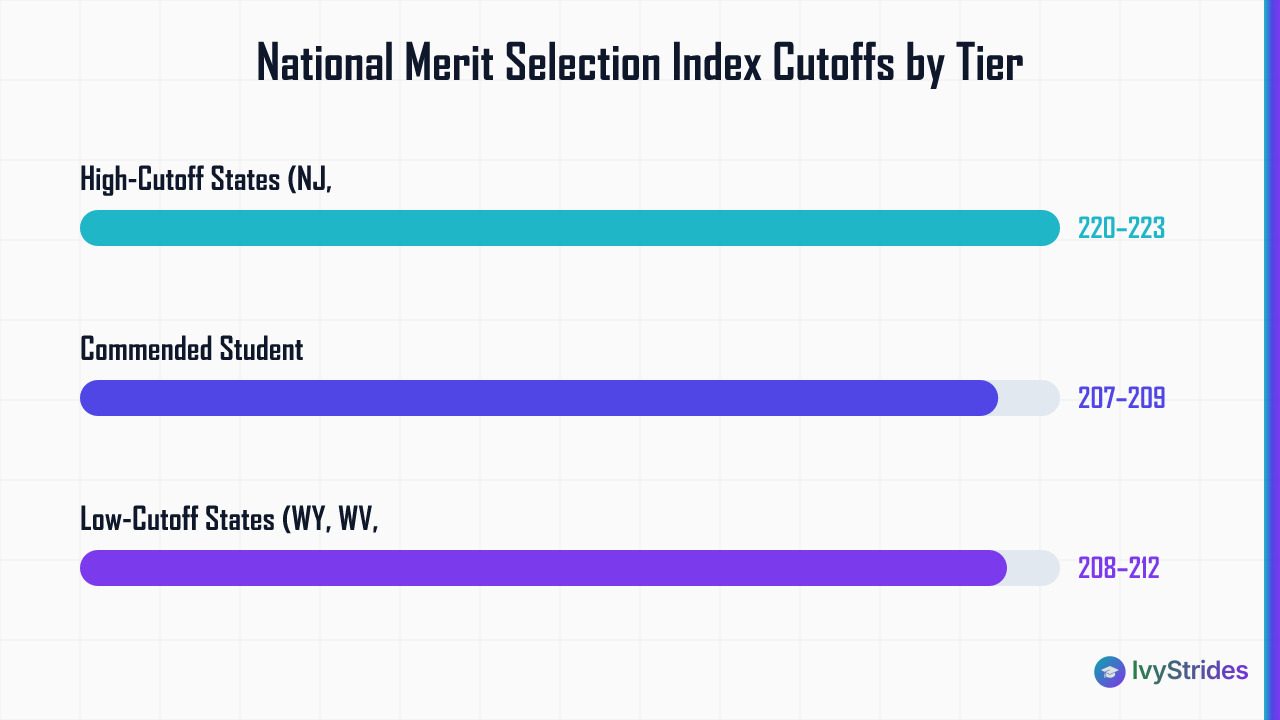 Bar chart comparing National Merit Selection Index cutoffs: high-cutoff states 220–223, low-cutoff states 208–212, Commended