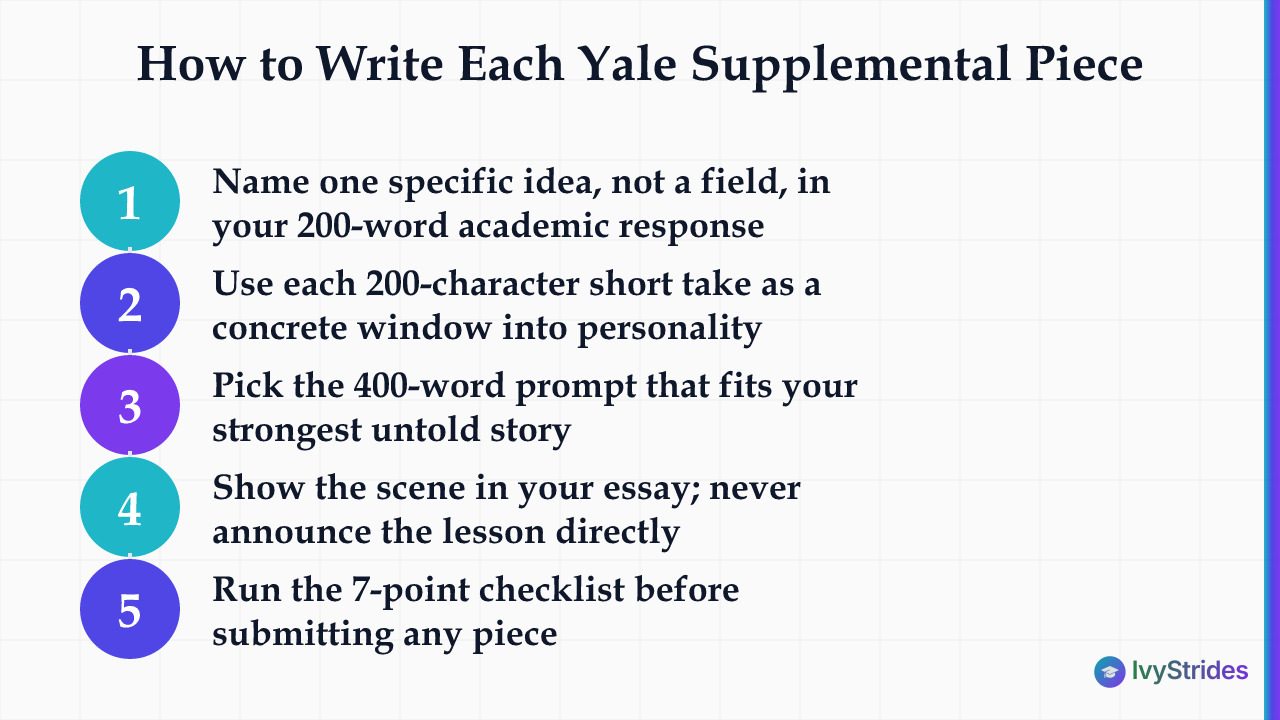 5-step process for writing Yale supplemental essays covering academic interest, short takes, and 400-word narrative